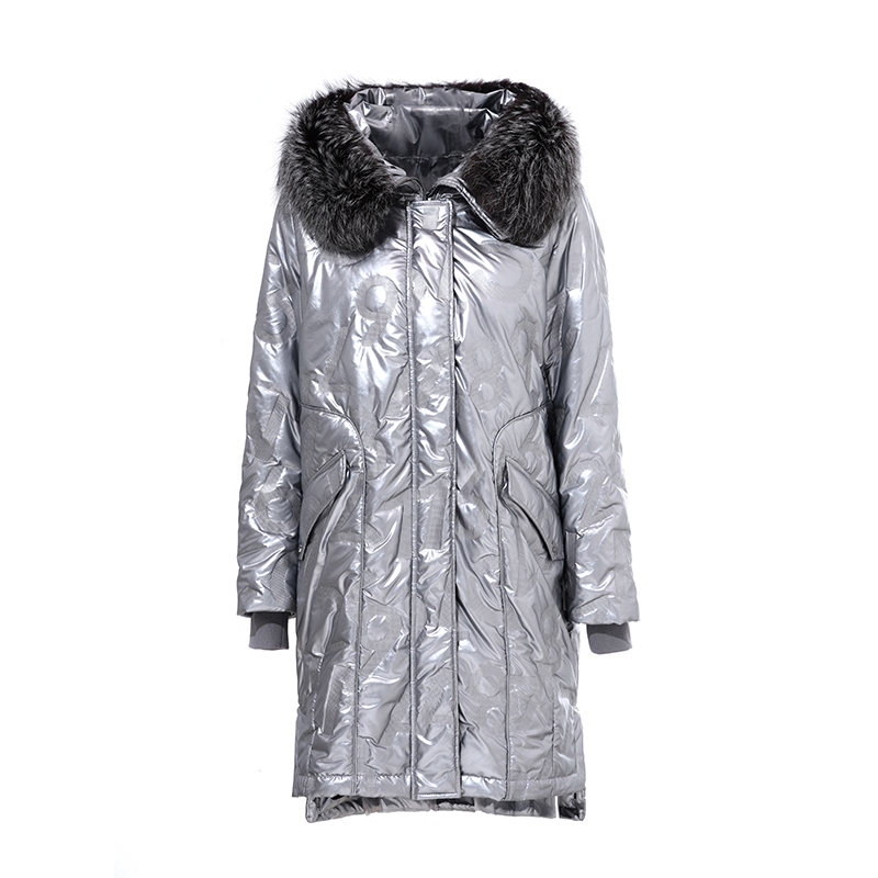 ladies Letters embossed metallic fabric long warm coat