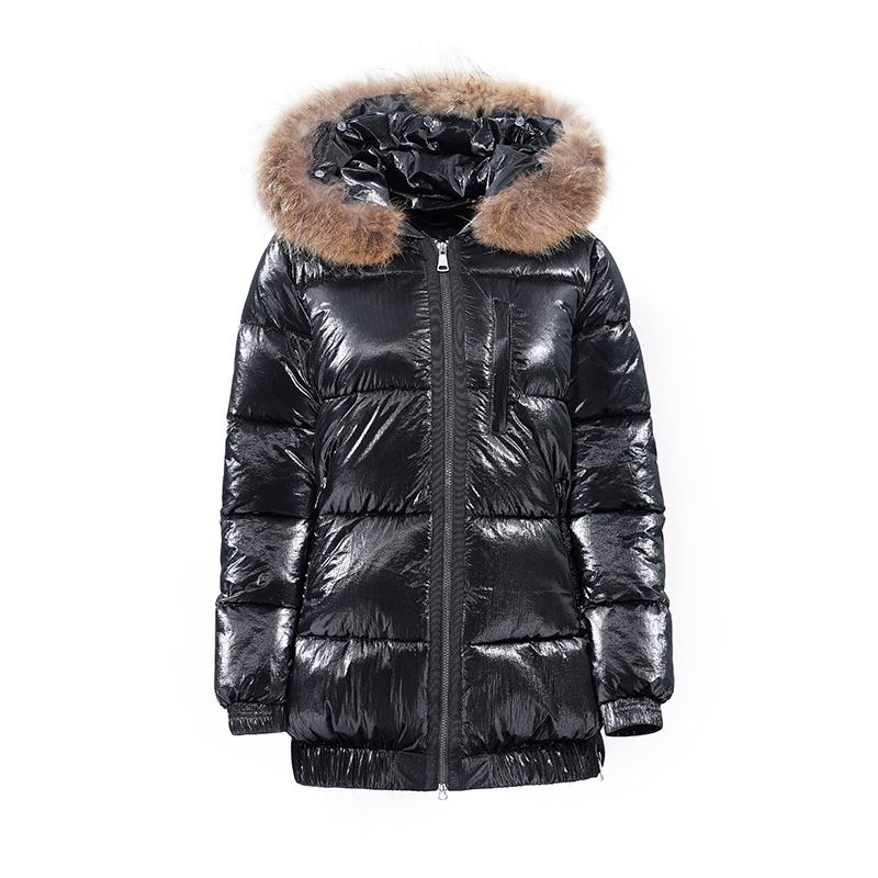 Ladies'matallic warm jacket with real fur