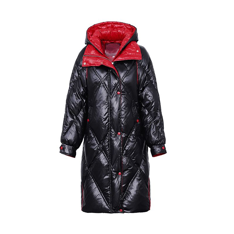 Women's hooded long warm coat / down jacket with non-detachable hood