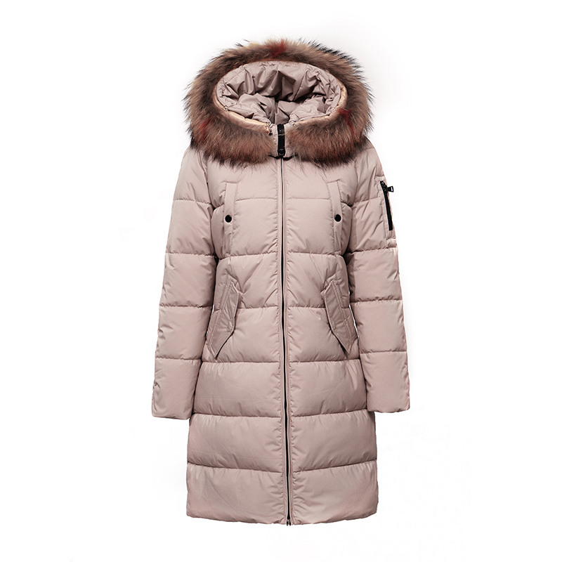 Ladies' warm coat / down jacket with detachable hood/ real fur